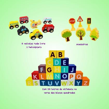 Imagem de Blocos de Construcao Minha Cidade em Madeira para Montar com 140 Pecas Yins Kids Brinquedo Recreativo Didatico