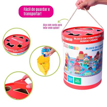 Imagem de Blocos de Montar 140 Pçs Brinquedo de Construção Infantil Criança Presente Estimula Aprendizado Criatividade Imaginação Cidade Madeira