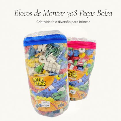 Imagem de Blocos de Montar Crie e Brink 308 Peças com Bolsa Organizadora