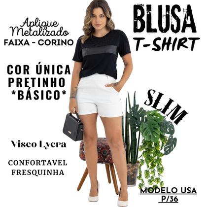 Imagem de Blusa Baby Look Feminina Casual Visco Lycra C/Aplique Metalizado Moda Primavera Verão Slim Over 30424A