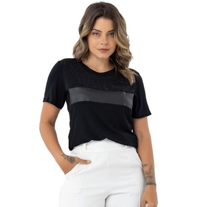Imagem de Blusa Baby Look Feminina Casual Visco Lycra C/Aplique Metalizado Moda Primavera Verão Slim Over 30424A