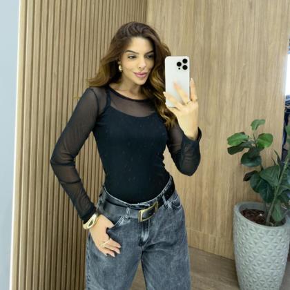 Imagem de Blusa Básica Feminina em Tule Transparente para Sobreposição TAMANHO:MCOR:PRETO