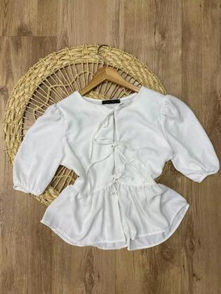 Imagem de Blusa Bata Laço Feminina Amarração Frontal Crepe Duna Off White Tendência Verão