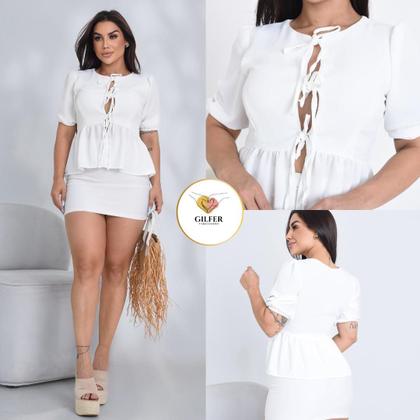 Imagem de Blusa Bata Laço Feminina Amarração Frontal Crepe Duna Off White Tendência Verão
