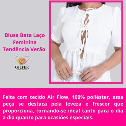 Imagem de Blusa Bata Laço Feminina Amarração Frontal Crepe Duna Off White Tendência Verão