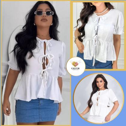 Imagem de Blusa Bata Laço Feminina Amarração Frontal Crepe Duna Off White Tendência Verão