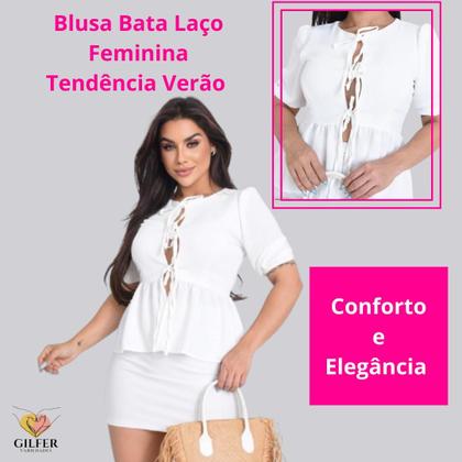 Imagem de Blusa Bata Laço Feminina Amarração Frontal Crepe Duna Off White Tendência Verão