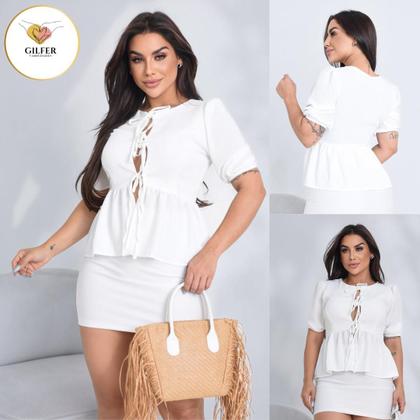 Imagem de Blusa Bata Laço Feminina Amarração Frontal Crepe Duna Off White Tendência Verão