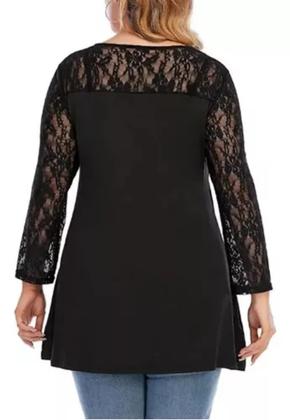 Imagem de Blusa Bata Soltinha Detalhe em Renda Mangas Longas Evase Plus Size 09