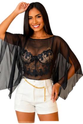 Imagem de Blusa Bata Tule Transparente Assimetrica Sem Top de Baixo  Look Festa Balada Elegante Entrega Direta