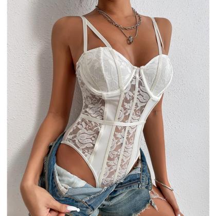 Imagem de Blusa Body Corselet Corpete Renda Balada Festa Sexy Preto Branco