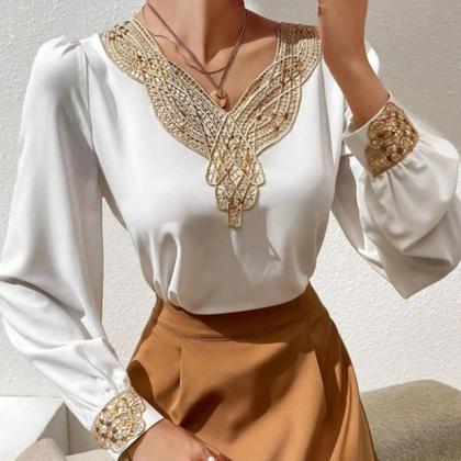Imagem de Blusa Branca Com Decote Em V E Renda Dourada Bordada De Manga Longa Para Mulheres, Camisa Retro