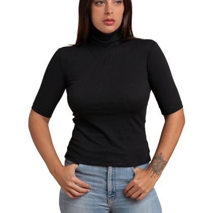Imagem de Blusa Canelada Gola Alta Manga Alongada 3/4 Casual Elegante Moda Feminina