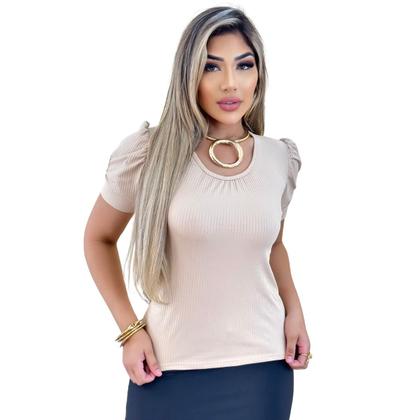 Imagem de Blusa Canelado Feminino Gola Careca Manga Princesa Com Detalhe de Botões Canelada Feminina da Moda