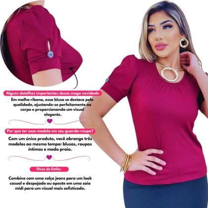Imagem de Blusa Canelado Feminino Gola Careca Manga Princesa Com Detalhe de Botões Canelada Feminina da Moda