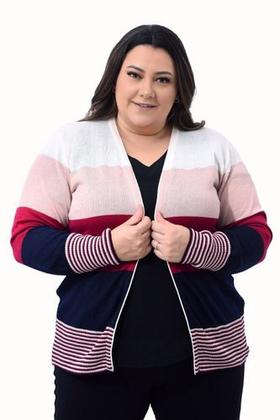 Imagem de Blusa Casaco Cardigan Plus Size Lista Larga Tricô