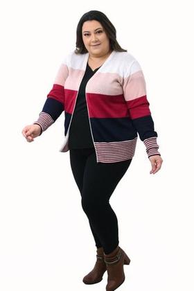 Imagem de Blusa Casaco Cardigan Plus Size Lista Larga Tricô