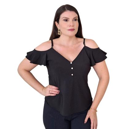 Imagem de Blusa Ciganinha Manga Curta Alça Feminina Decote V Botões Crepe Blusinha Ombros Várias Cores M, G e GG Estilosa