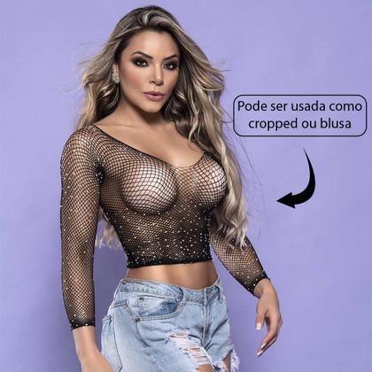 Imagem de Blusa Cropped Arrastão Camiseta Manga Longa Furadinha C/ Brilho Strass