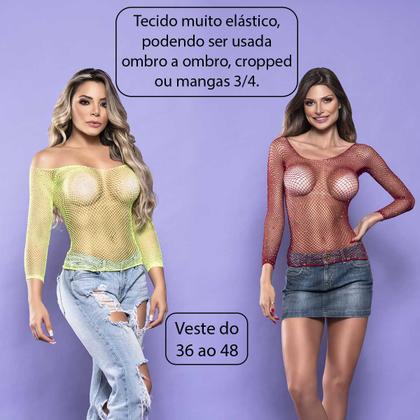 Imagem de Blusa Cropped Arrastão Camiseta Manga Longa Furadinha C/ Brilho Strass