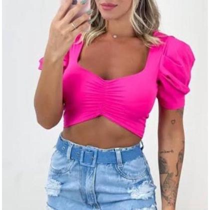 Imagem de Blusa cropped drapeado manga curta bufante feminino estilo