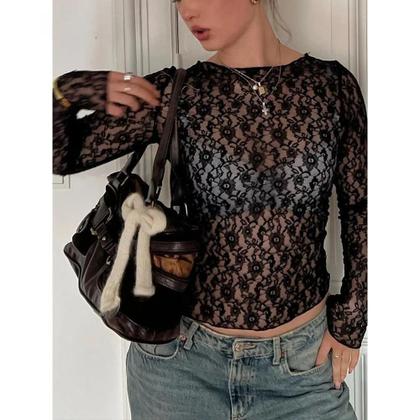 Imagem de Blusa Cropped Feminina De Manga Longa Transparente Com Renda, Sexy E Justa Para Festas E Baladas -