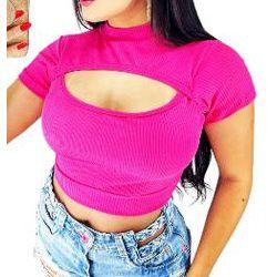 Imagem de Blusa cropped feminino canelado decote vazado manga curta moda feminina