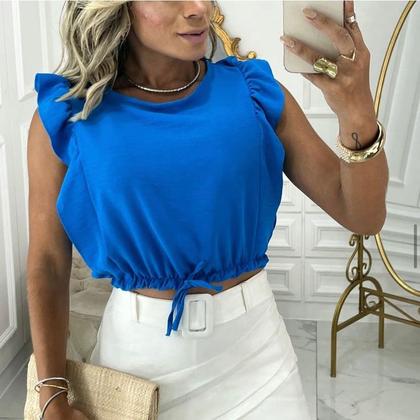 Imagem de Blusa cropped feminino duna cavada babado elástico e lacinho na cintura elegante