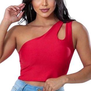 Blusa cropped feminino recorte gota um ombro só regata suplex com bojo moda elegante - Filó Modas Imagem de Blusa cropped feminino recorte gota um ombro só regata suplex com bojo moda elegante