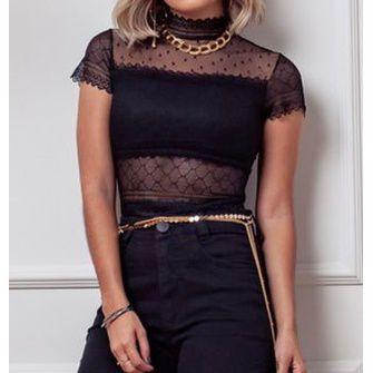 Imagem de Blusa Cropped feminino renda transparente gola alta manga curta com bojo