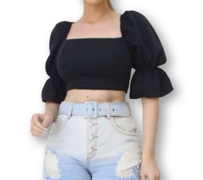 Imagem de Blusa cropped feminino top manga babado amarração c/ bojo moda influencer