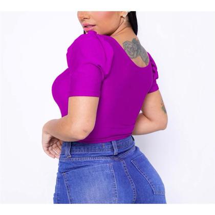 Imagem de Blusa cropped manga princesa decote reto poliéster feminino moda