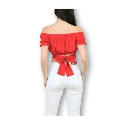 Imagem de Blusa cropped top viscose manga ciganinha bufante com amarração atrás feminino