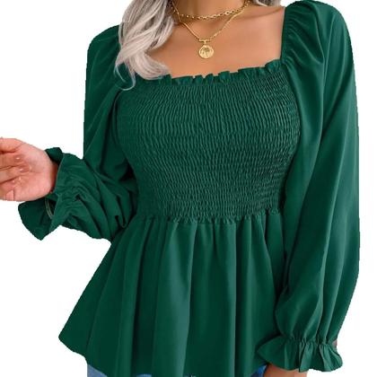 Imagem de Blusa De Chiffon Feminina Com Mangas Longas E Rendas, Top Peplum Em Cores Sólidas, Casual, Branco,