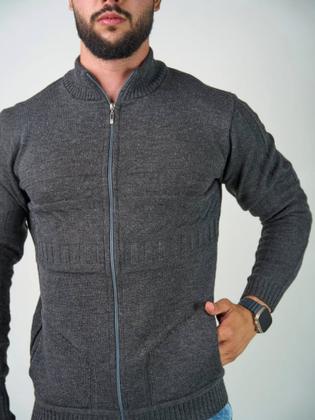 Imagem de Blusa de frio Masculina jaqueta trico com zíper frontal e bolsos