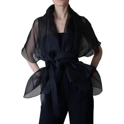 Imagem de Blusa De Organza Em Tamanho plus Para Mulheres, Gola Alta, Decote Em V Com Renda, Transparente,