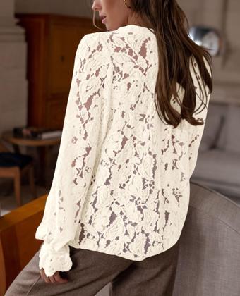 Imagem de Blusa de Renda Feminina PRETTYGARDEN Manga Longa com Botões M Bege