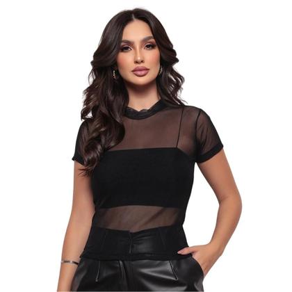 Imagem de Blusa De Tule Transparente Camiseta Tshirt Manga Curta Gola Alta Segunda Pele