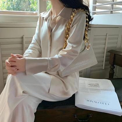 Imagem de Blusa Elegante de Cetim com Manga Comprida - Moda Francesa - Cor Sólida