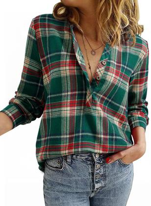 Imagem de Blusa feminina Astylish, xadrez, decote em V, manga comprida, verde névoa