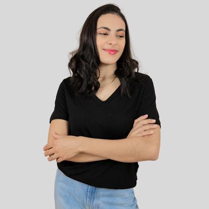 Imagem de Blusa Feminina Básica Manga Curta Decote V Preto