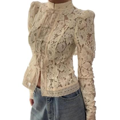 Imagem de Blusa Feminina Branca De Manga Longa Com Renda, Chique, Vazada Com Flores, Abotoamento Simples,