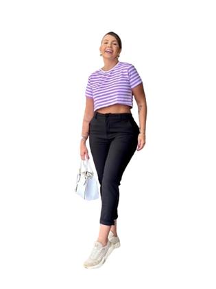 Imagem de Blusa Feminina Cropped  Listrado Manga Curta Malha Liganete Roxo Plus Size