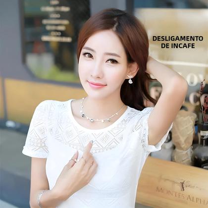 Imagem de Blusa Feminina de Chiffon com Renda - Estilo Coreano - Tamanho Ajustado