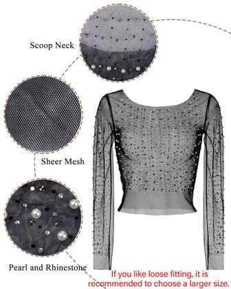 Imagem de Blusa feminina de malha de manga comprida transparente com strass pérola transparente, capa de peça única, capa curta para o Festival de Halloween (preta, 4)