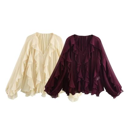 Imagem de Blusa Feminina De Manga Longa Com Babados Semi Transparente Casual Primavera Estilo Fada Para