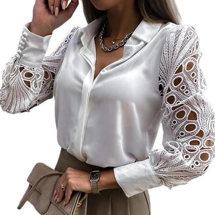 Imagem de Blusa Feminina De Manga Longa Em Renda Branca Com Design Vintage E Botões, Top Preto Com Detalhes Em