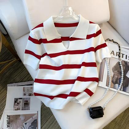 Imagem de Blusa Feminina De Tricô Com Gola E Estampa Listrada, Manga Curta, Cropped, Primavera Verão