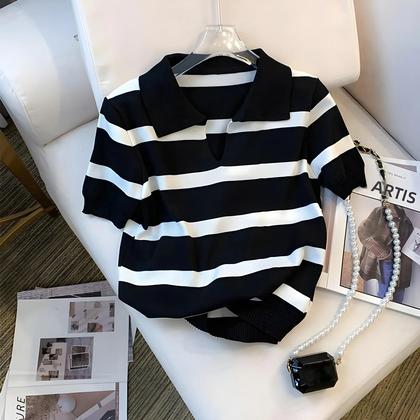 Imagem de Blusa Feminina De Tricô Com Gola E Estampa Listrada, Manga Curta, Cropped, Primavera Verão