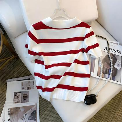Imagem de Blusa Feminina De Tricô Com Gola E Estampa Listrada, Manga Curta, Cropped, Primavera Verão